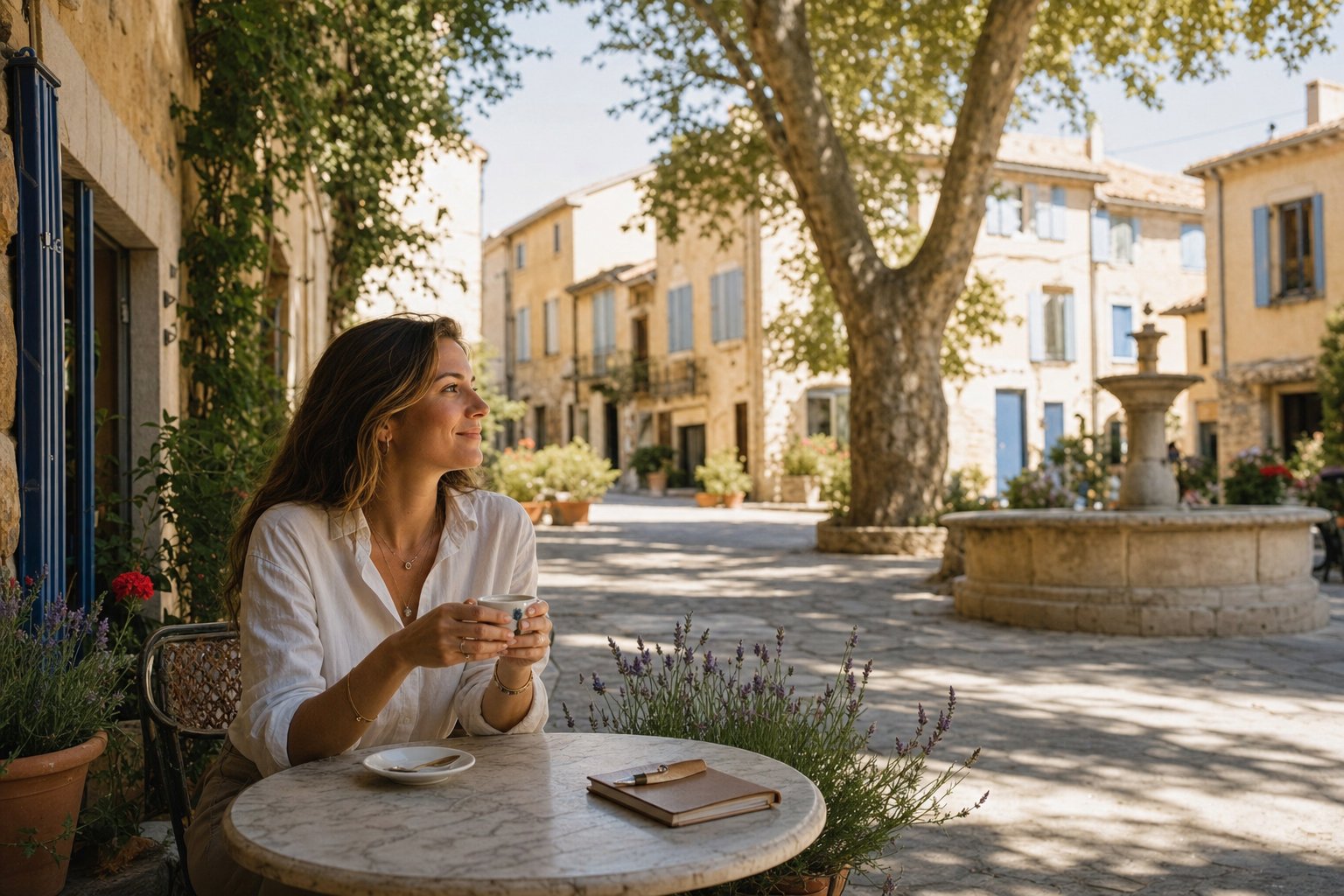 A solo traveller on a sunny café terrace in a small French village